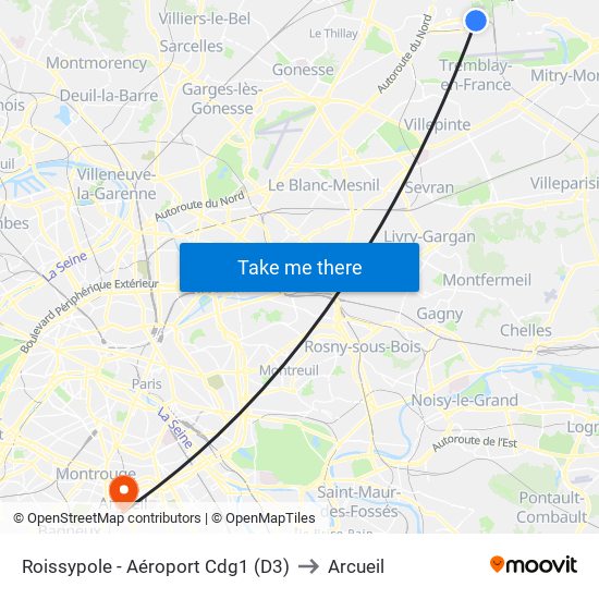 Roissypole - Aéroport Cdg1 (D3) to Arcueil map