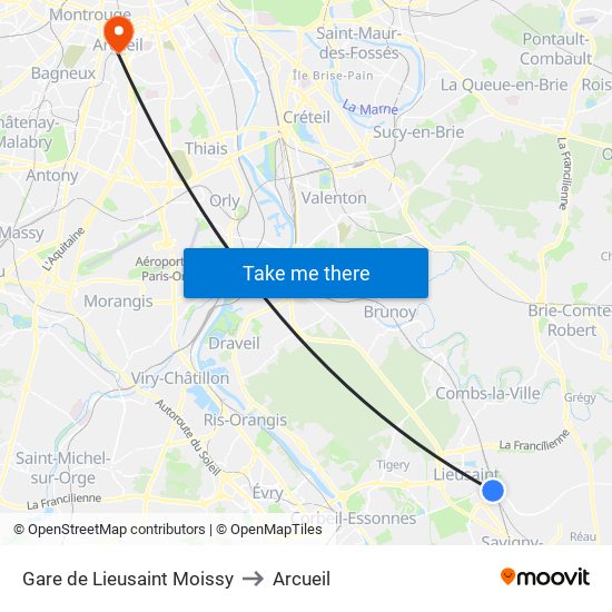 Gare de Lieusaint Moissy to Arcueil map