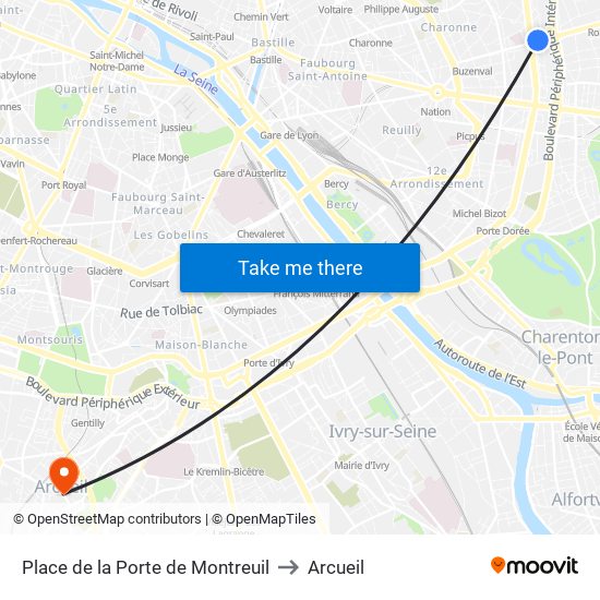 Place de la Porte de Montreuil to Arcueil map