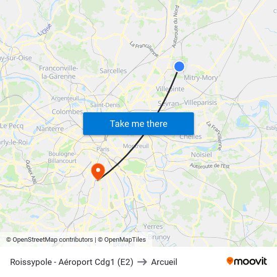 Roissypole - Aéroport Cdg1 (E2) to Arcueil map