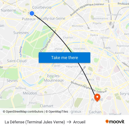 La Défense (Terminal Jules Verne) to Arcueil map