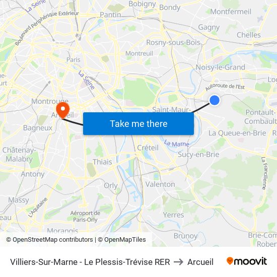 Villiers-Sur-Marne - Le Plessis-Trévise RER to Arcueil map