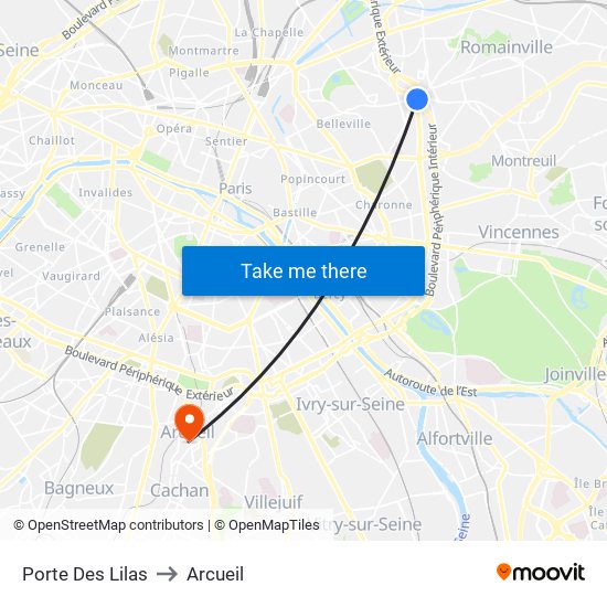 Porte Des Lilas to Arcueil map