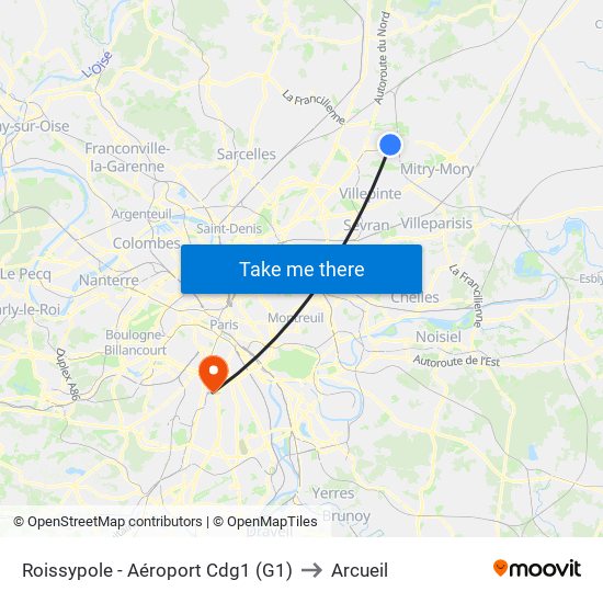 Roissypole - Aéroport Cdg1 (G1) to Arcueil map