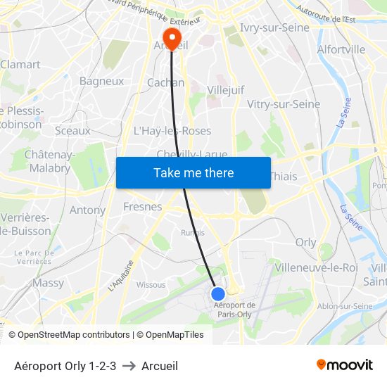 Aéroport Orly 1-2-3 to Arcueil map