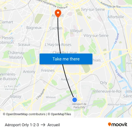 Aéroport Orly 1-2-3 to Arcueil map