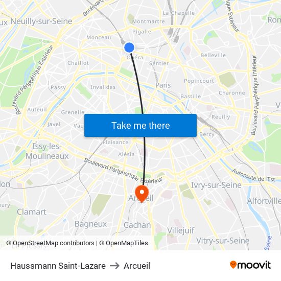 Haussmann Saint-Lazare to Arcueil map