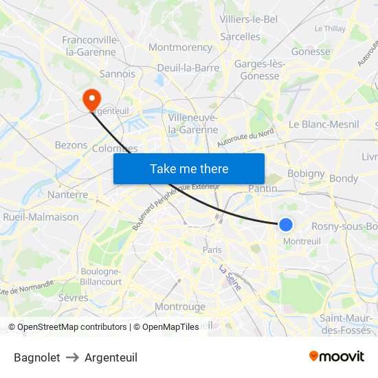 Bagnolet to Argenteuil map