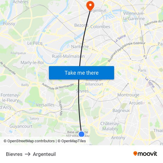 Bievres to Argenteuil map