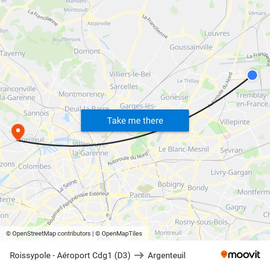 Roissypole - Aéroport Cdg1 (D3) to Argenteuil map