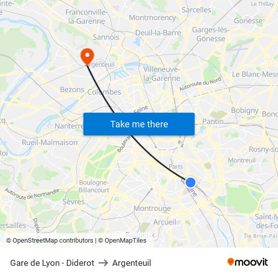 Gare de Lyon - Diderot to Argenteuil map