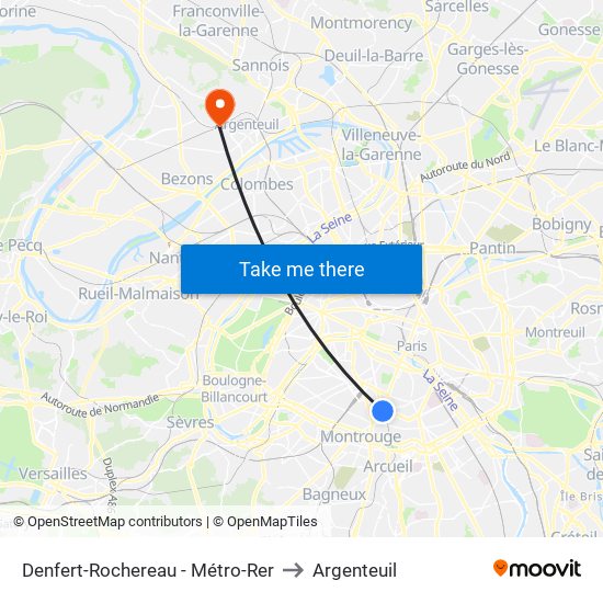 Denfert-Rochereau - Métro-Rer to Argenteuil map