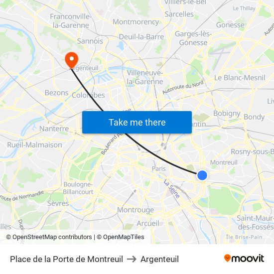 Place de la Porte de Montreuil to Argenteuil map