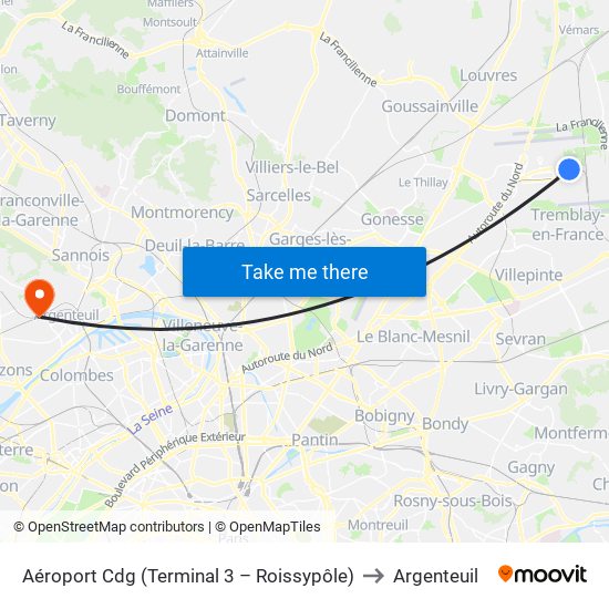 Aéroport Cdg (Terminal 3 – Roissypôle) to Argenteuil map