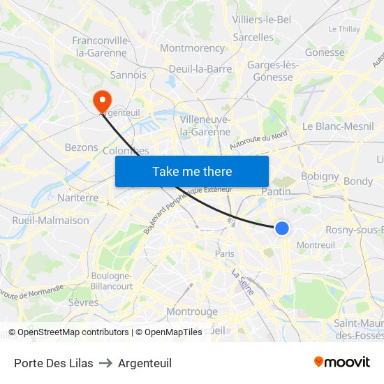 Porte Des Lilas to Argenteuil map