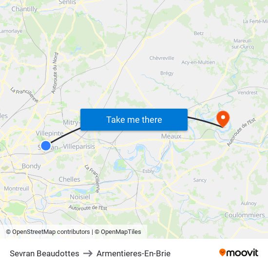 Sevran Beaudottes to Armentieres-En-Brie map