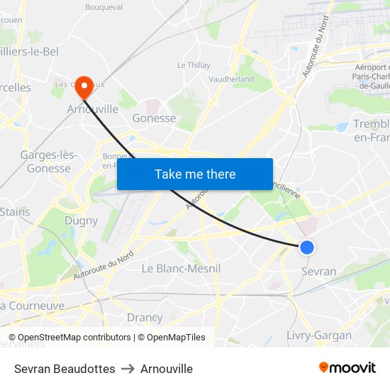 Sevran Beaudottes to Arnouville map