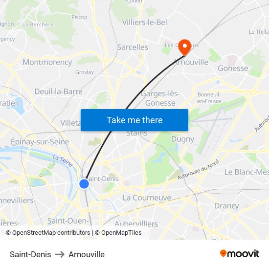 Saint-Denis to Arnouville map