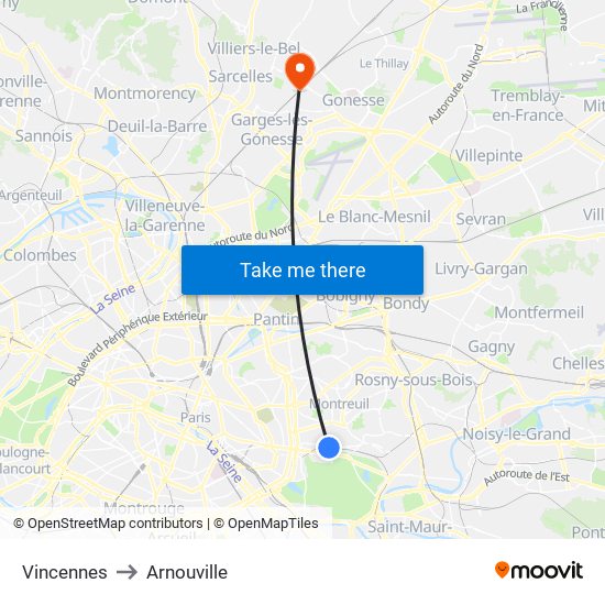 Vincennes to Arnouville map