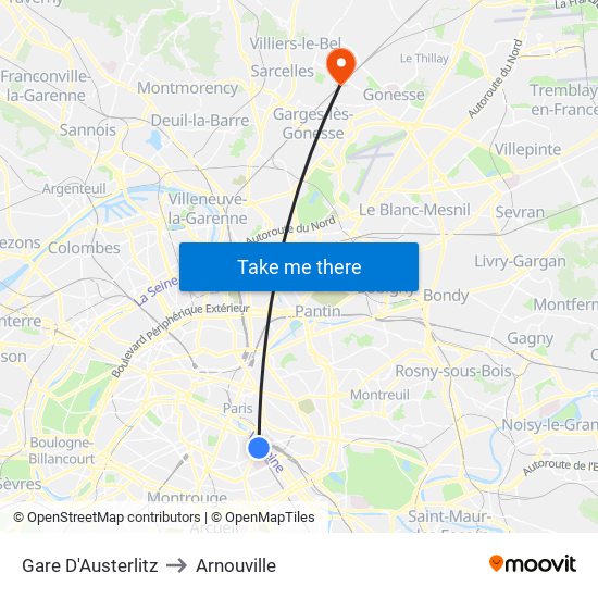 Gare D'Austerlitz to Arnouville map