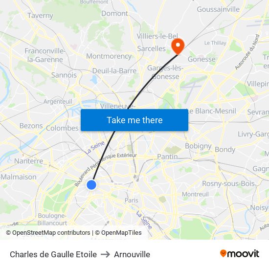Charles de Gaulle Etoile to Arnouville map
