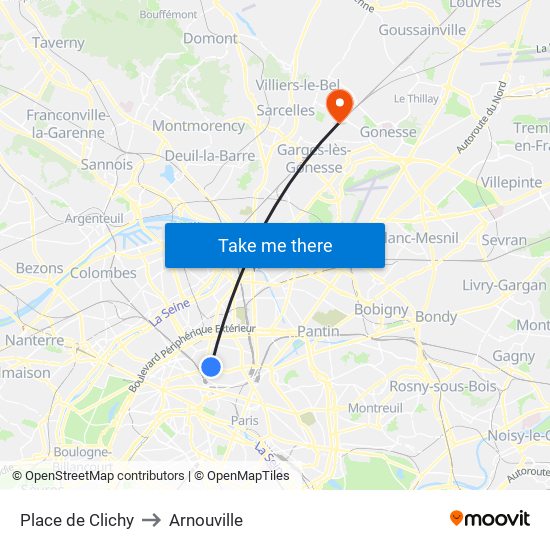 Place de Clichy to Arnouville map