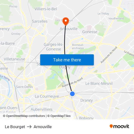 Le Bourget to Arnouville map