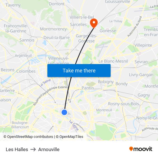 Les Halles to Arnouville map