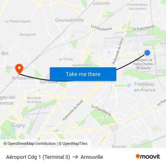 Aéroport Cdg 1 (Terminal 3) to Arnouville map