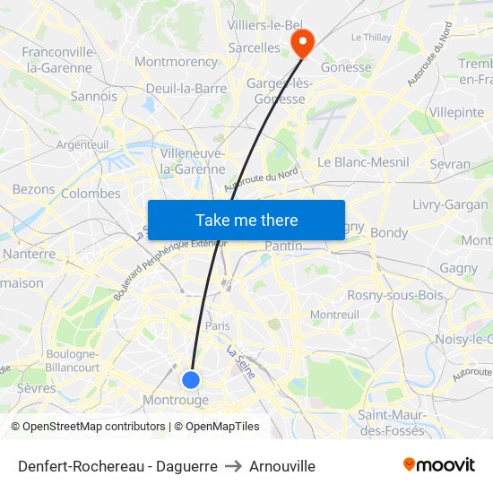 Denfert-Rochereau - Daguerre to Arnouville map