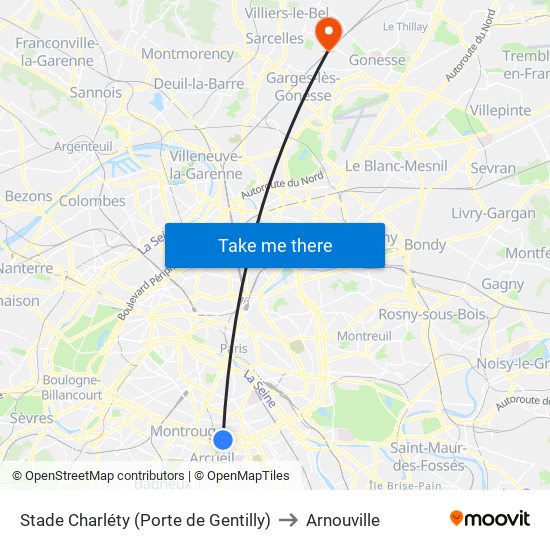 Stade Charléty (Porte de Gentilly) to Arnouville map