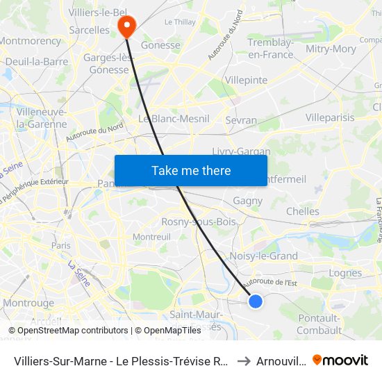 Villiers-Sur-Marne - Le Plessis-Trévise RER to Arnouville map