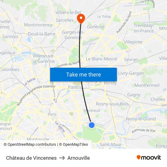 Château de Vincennes to Arnouville map
