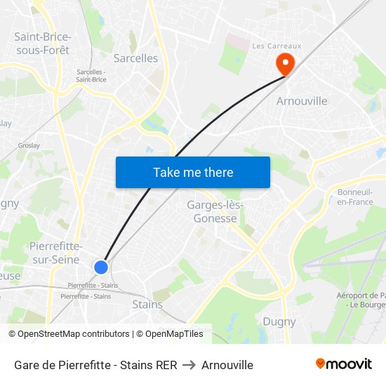 Gare de Pierrefitte - Stains RER to Arnouville map