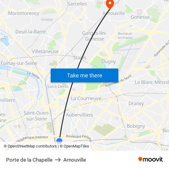 Porte de la Chapelle to Arnouville map