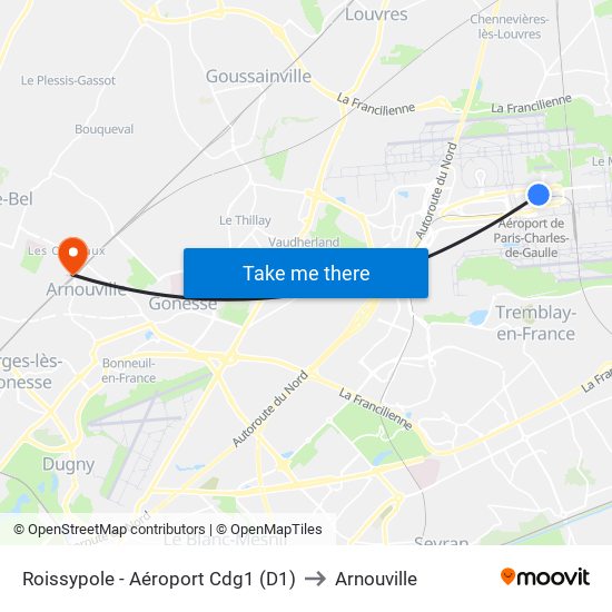 Roissypole - Aéroport Cdg1 (D1) to Arnouville map
