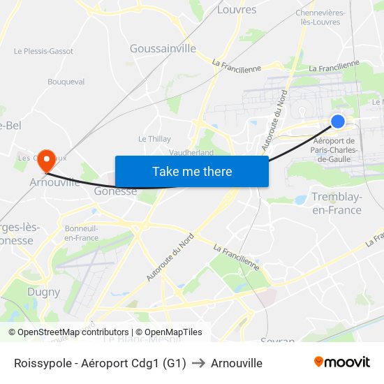 Roissypole - Aéroport Cdg1 (G1) to Arnouville map