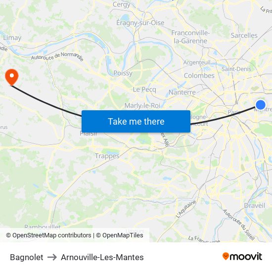 Bagnolet to Arnouville-Les-Mantes map