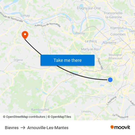 Bievres to Arnouville-Les-Mantes map