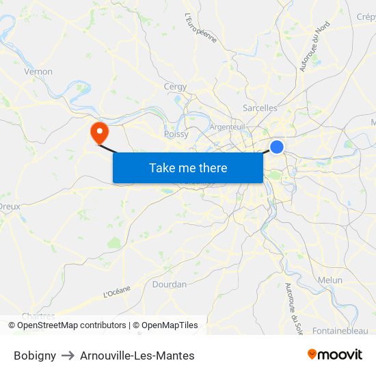 Bobigny to Arnouville-Les-Mantes map