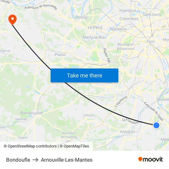 Bondoufle to Arnouville-Les-Mantes map