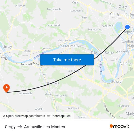 Cergy to Arnouville-Les-Mantes map