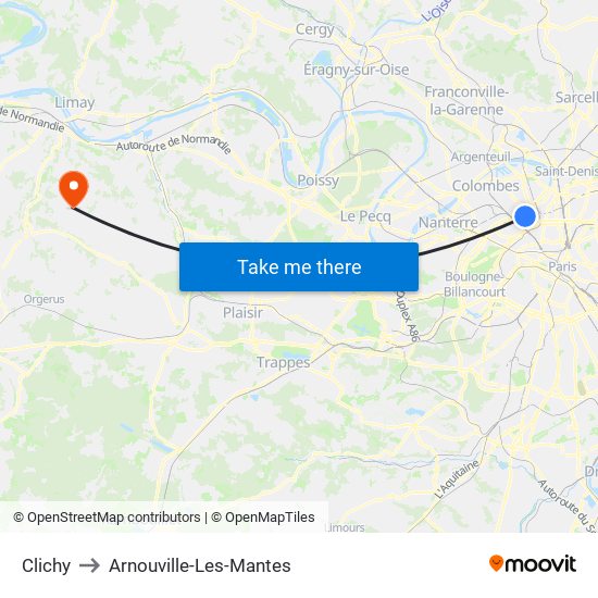 Clichy to Arnouville-Les-Mantes map