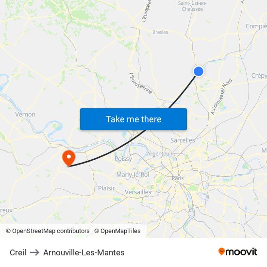 Creil to Arnouville-Les-Mantes map