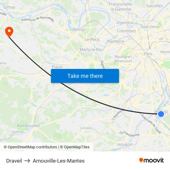 Draveil to Arnouville-Les-Mantes map
