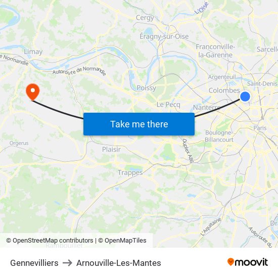 Gennevilliers to Arnouville-Les-Mantes map