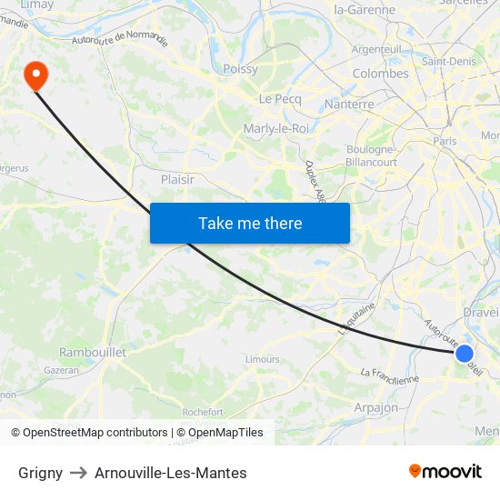 Grigny to Arnouville-Les-Mantes map