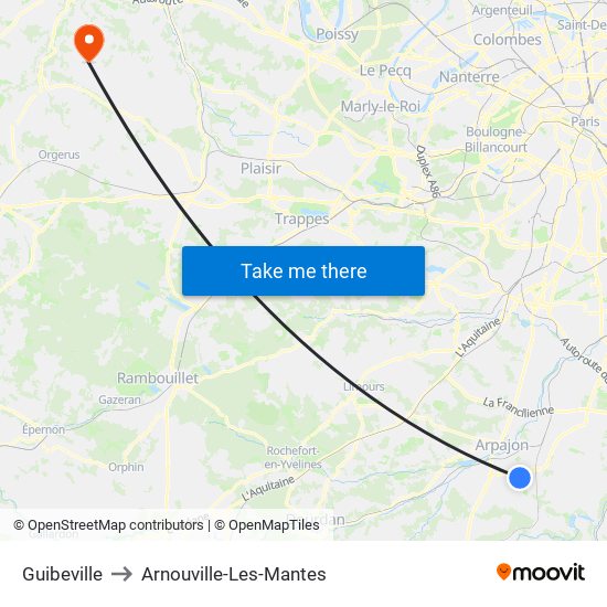 Guibeville to Arnouville-Les-Mantes map