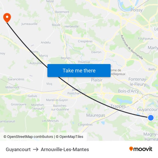 Guyancourt to Arnouville-Les-Mantes map
