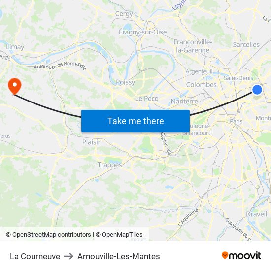 La Courneuve to Arnouville-Les-Mantes map